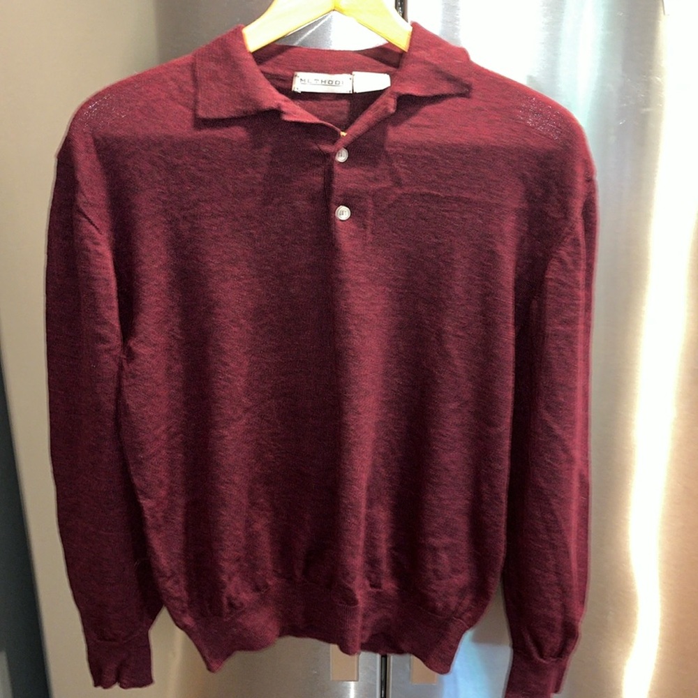 METHODE XL burgundy MERINO WOOL collared SWEATER made in Italy button neck mens